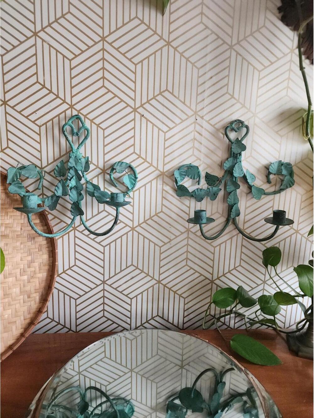 Vintage Distressed Metal Leaf Teal 2 Arm Wall Sconces Rustic French Country